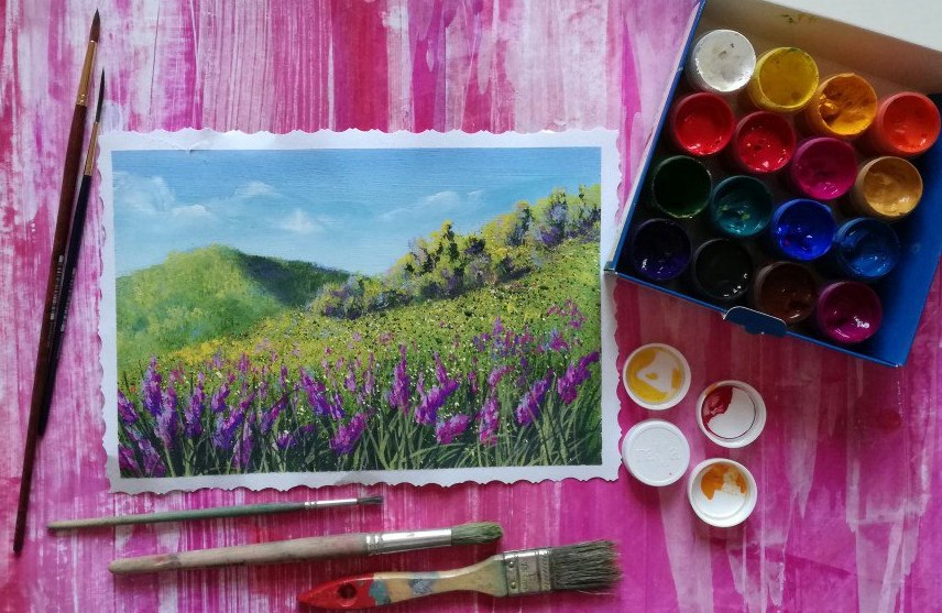Рисуем цветы на холмах гуашью — Уроки рисования для начинающих